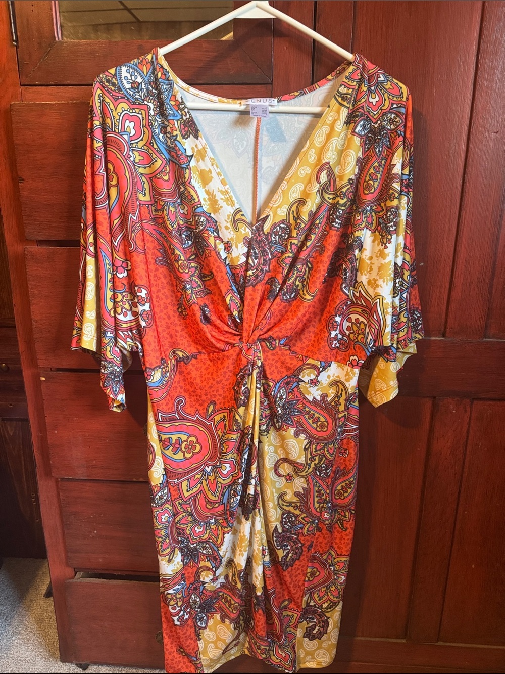 VENUS Paisley gathered-Front V-Neck Tunic in Red & Yellow